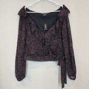Express Top Blouse Women's L Black Leopard Long Sleeve V Neck Ruffle Bow